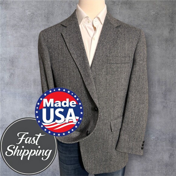 BLAIR Vintage TWEED WOOL Mens Blazer 46R Sport Coat Jacket Brown Herringbone USA - Picture 1 of 13